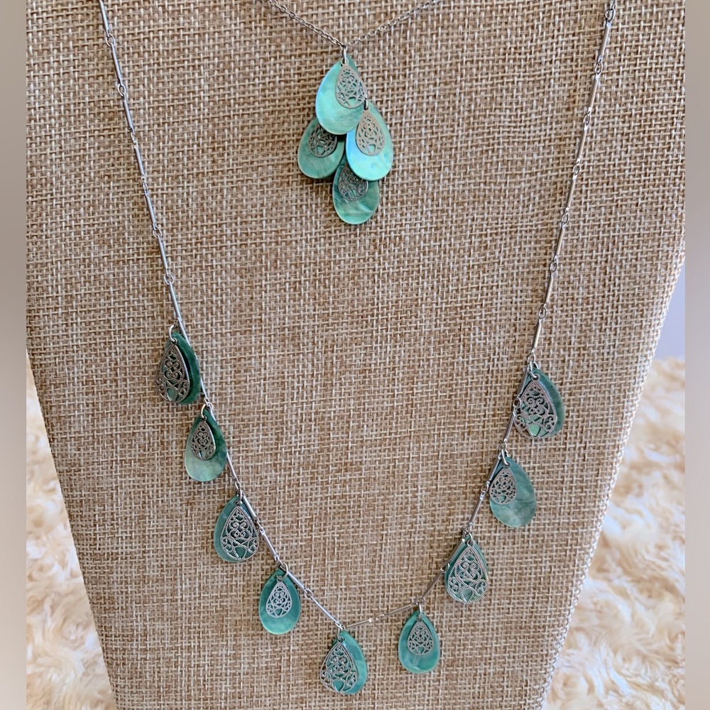 Cookie Lee Abalone Teardrop Shape Filigree Overlay Double Strand Necklace